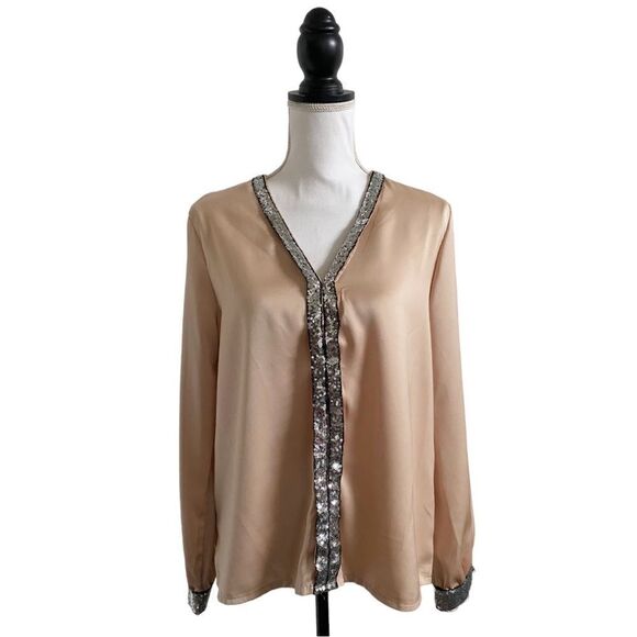 Beige & Black Contrast Sequin V Neck Long Sleeve Blouse Women’s Size Medium - Picture 2 of 6